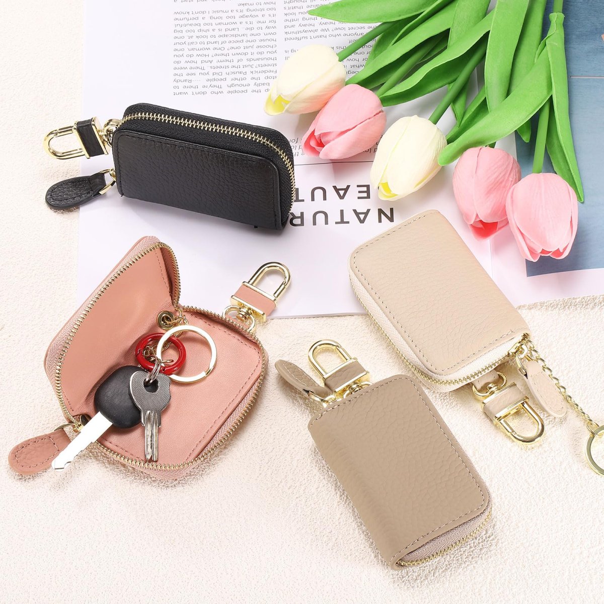 Genuine Leather Car Key Fob Case Universal Holder Zipper Bag For Men Women Beige