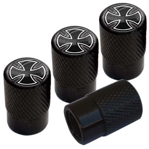 Vivid Black Anodized Billet Aluminum Tire Valve Stem Dust Caps Set Of 4 White Iron Maltese Cross Logo Universal Fit For Cars