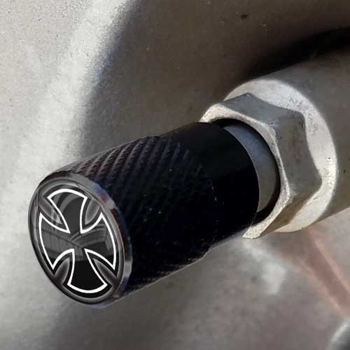 Vivid Black Anodized Billet Aluminum Tire Valve Stem Dust Caps Set Of 4 White Iron Maltese Cross Logo Universal Fit For Cars