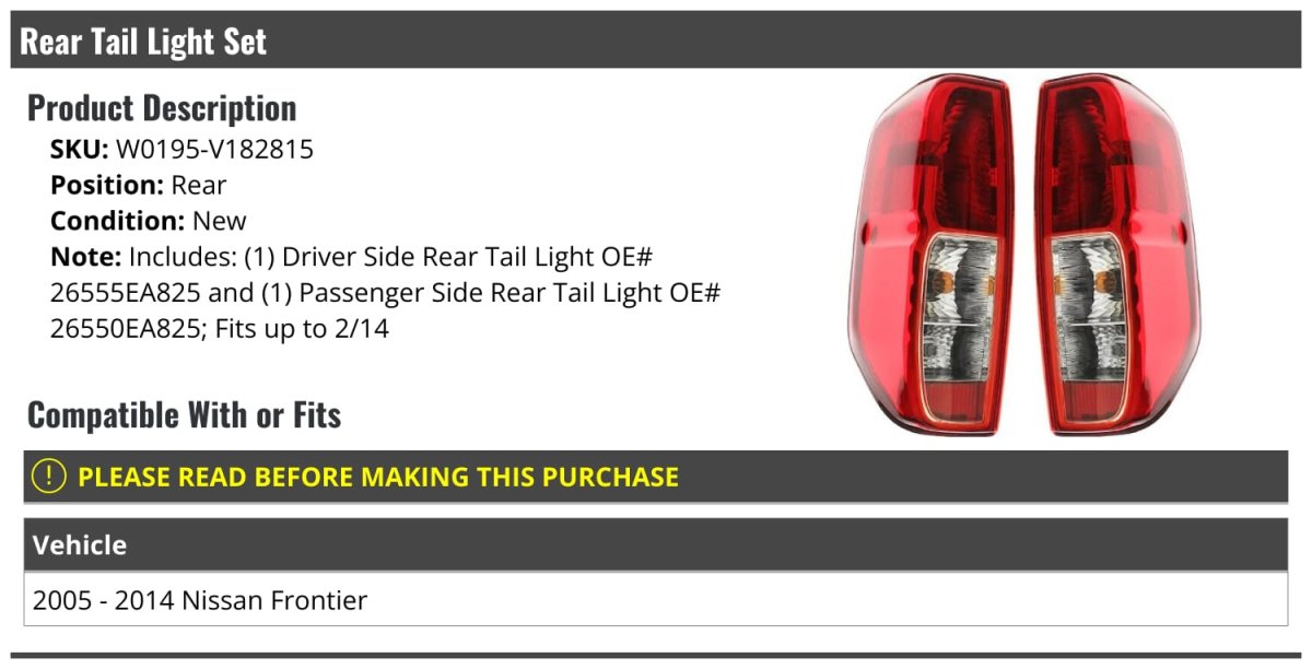 Rear Tail Light Set For 2005 To 2014 Nissan Frontier Fits Up February Driver And Passenger Side Pair Waterproof Direct Fit
