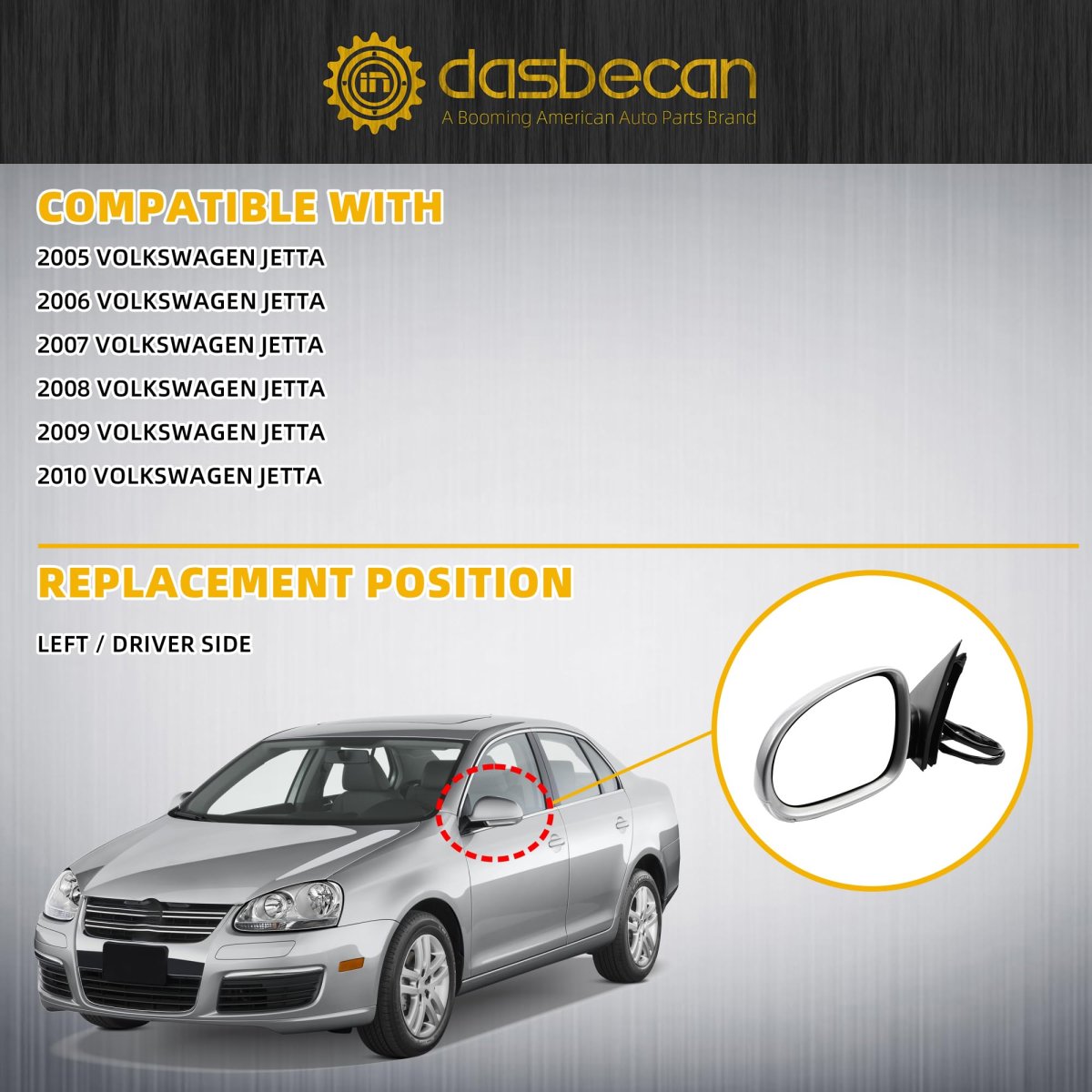 Driver Side Mirror For 2005 2010 Volkswagen Jetta Silver Gray Left Door With Turn Signal Power Heated Adjustment Glass Manual