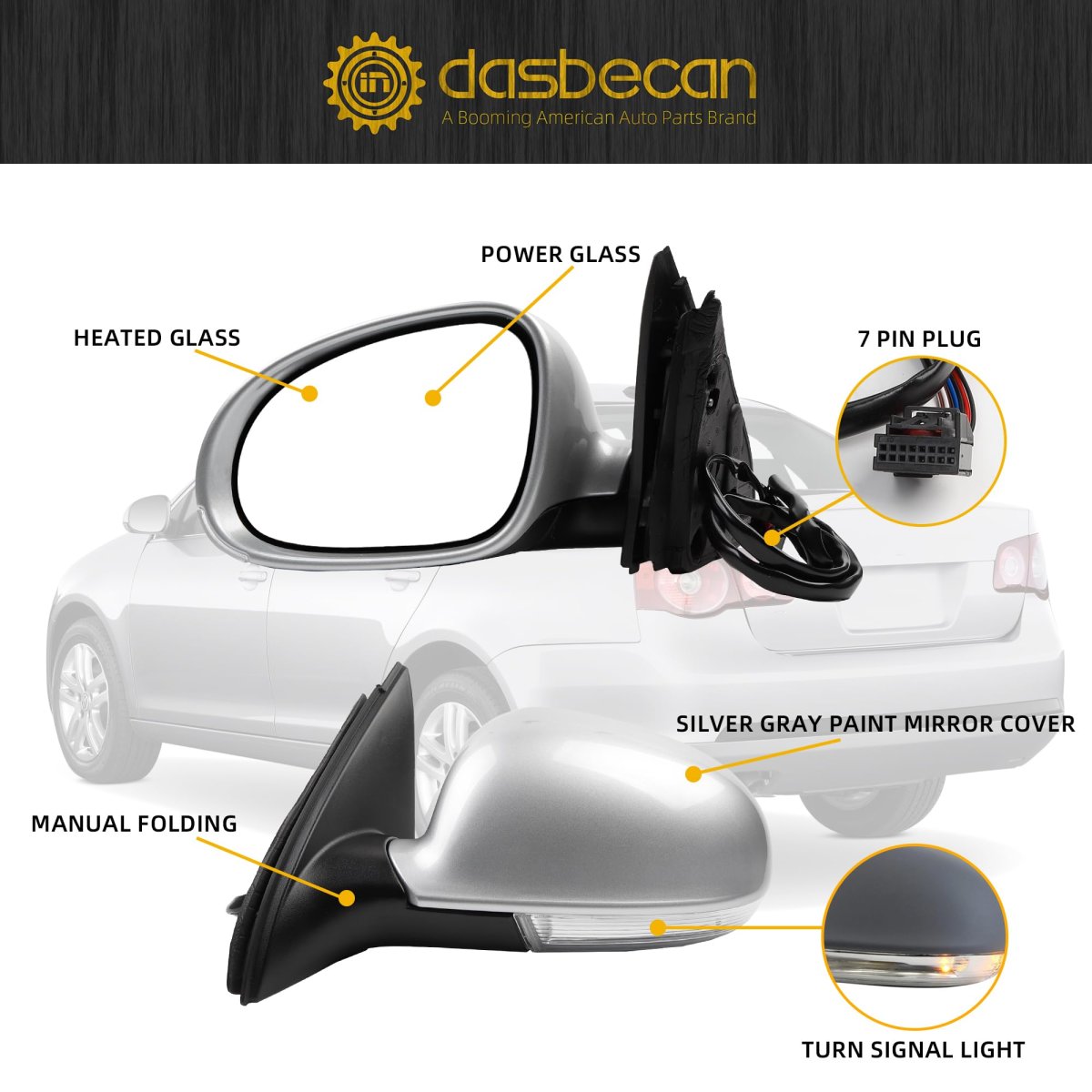 Driver Side Mirror For 2005 2010 Volkswagen Jetta Silver Gray Left Door With Turn Signal Power Heated Adjustment Glass Manual
