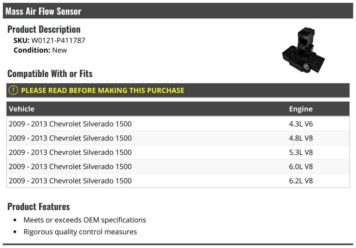 Mass Air Flow Sensor For 2009-2013 Chevy Silverado 1500