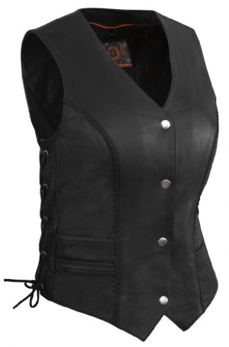 True Element Womens Braided Motorcycle Leather Vest With Side Laces Black Size S