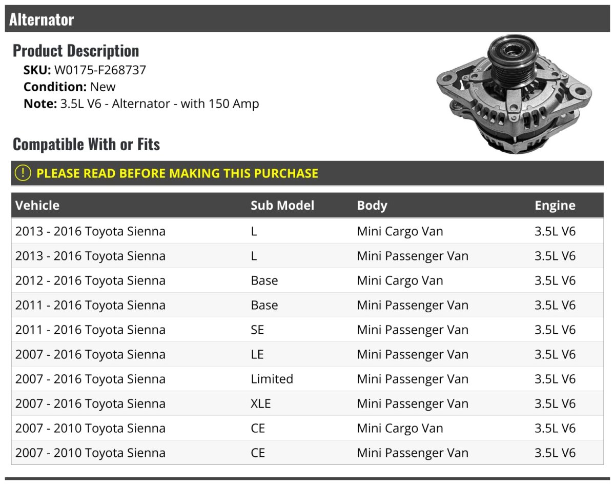 Alternator 150 Amp For 2007-2016 Toyota Sienna 3 5l V6