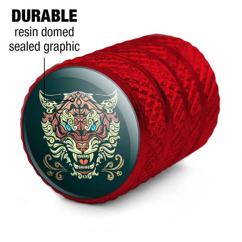 Fierce Snarling Tribal Tiger Oni Valve Stem Caps Red Aluminum Tire Rim Wheel Covers For Motorcycle And Bicycle Fits Schrader