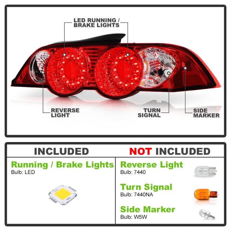 Red Lens Premium Led Tail Light Housing Lamp Assembly For 2002-2004 Acura Rsx Driver And Passenger Side Replacement