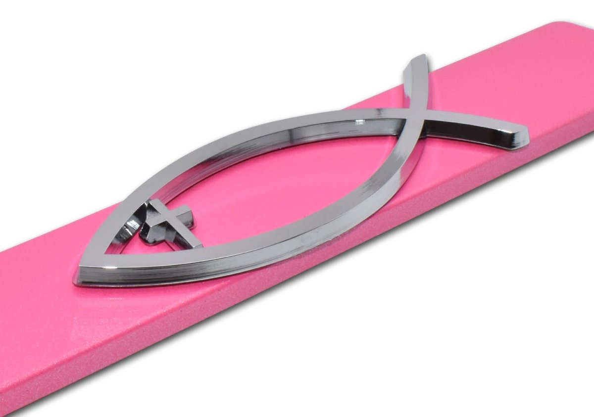 Christian Fish With Cross License Plate Frame Pink Powder Coated Metal 3d Chrome Ichthys Universal Fit For 12 In X 6 Plates