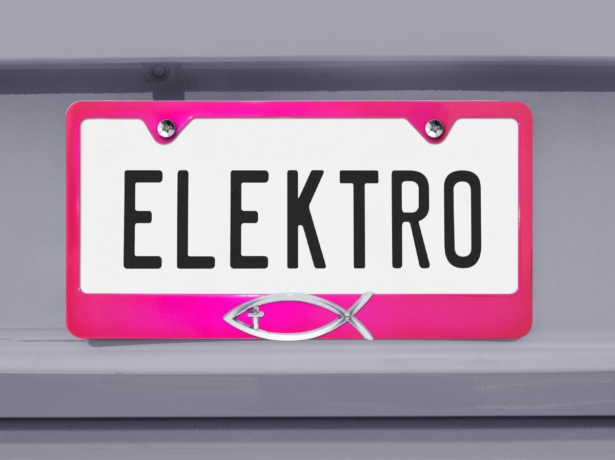 Christian Fish With Cross License Plate Frame Pink Powder Coated Metal 3d Chrome Ichthys Universal Fit For 12 In X 6 Plates