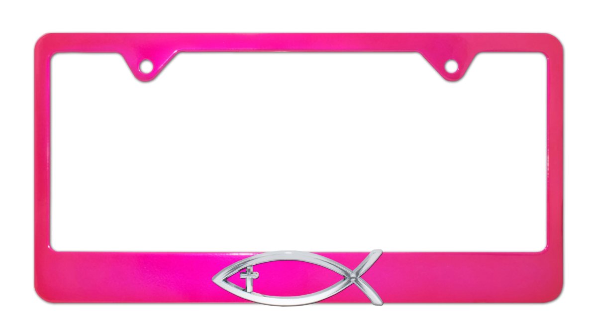 Christian Fish With Cross License Plate Frame Pink Powder Coated Metal 3d Chrome Ichthys Universal Fit For 12 In X 6 Plates