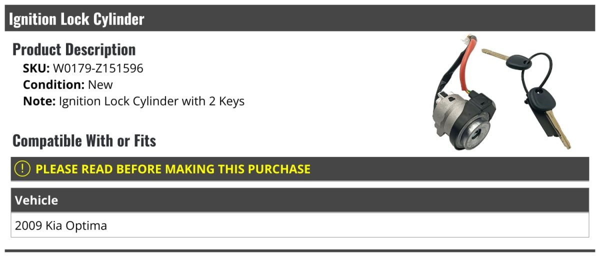 Ignition Lock Cylinder With 2 Keys For 2009 Kia Optima
