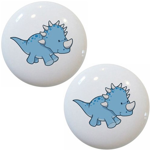 Set Of 2 Baby Styracosaurus Dinosaur Ceramic Cabinet Drawer Knobs