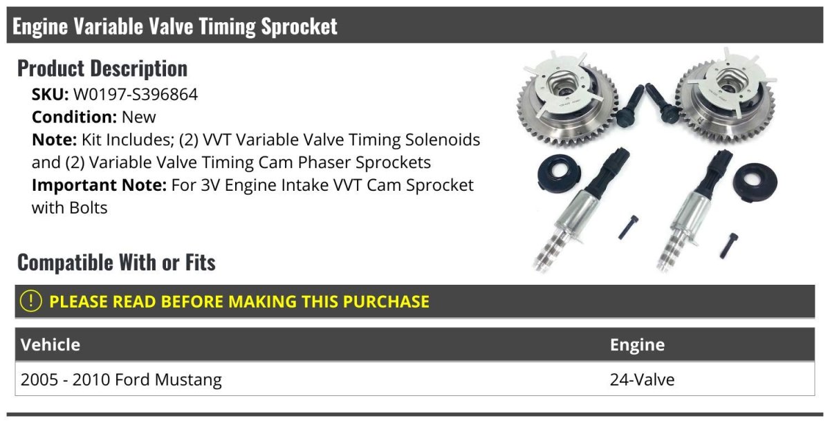 Vvt Engine Variable Valve Timing Solenoid And Sprocket Set Of 2 For 2005-2010 Ford Mustang 24-valve