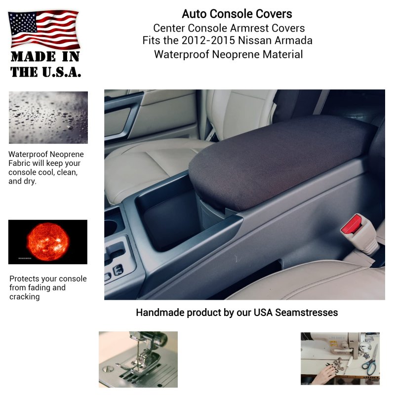 Auto Console Covers- Fits The Nissan Armada 2012-2015 Center Armrest Cover Waterproof Neoprene Fabric Black