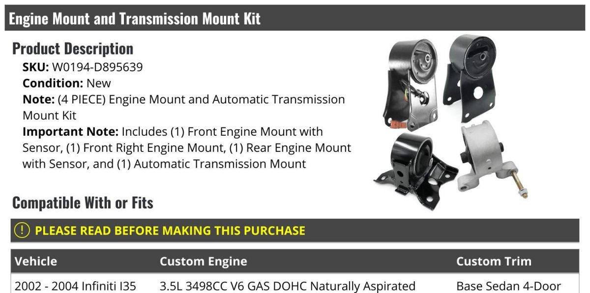 Engine Mount And Automatic Transmission Kit 4 Piece For 2002-2004 Infiniti I35 Base Sedan 4-door 3 5l V6