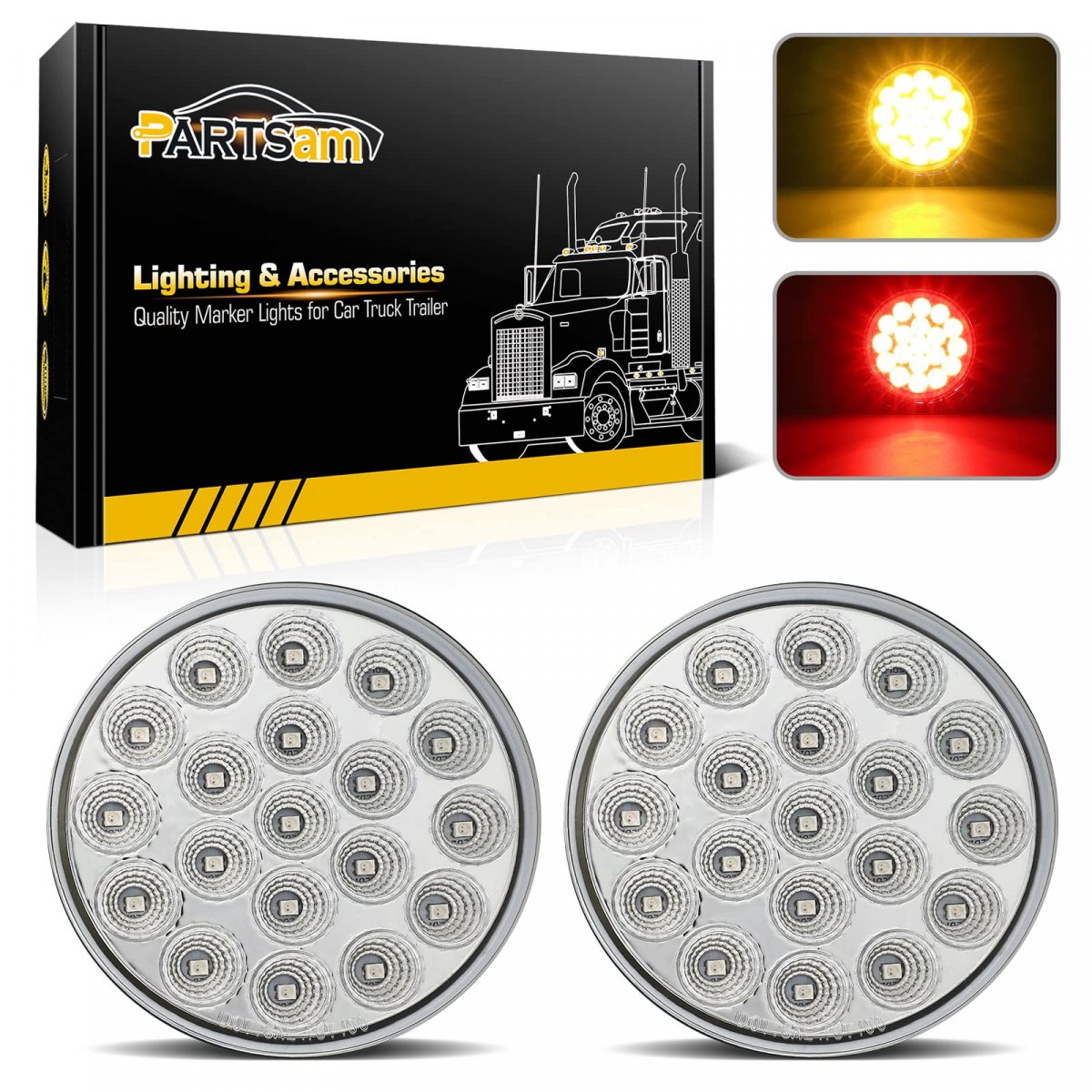Partsam 2pcs 4 Inch Round Red Stop Turn Tail Lights To Amber Strobe Kit 19 Diodes W Chrome Bezels And 3-prong Wire Pigtails