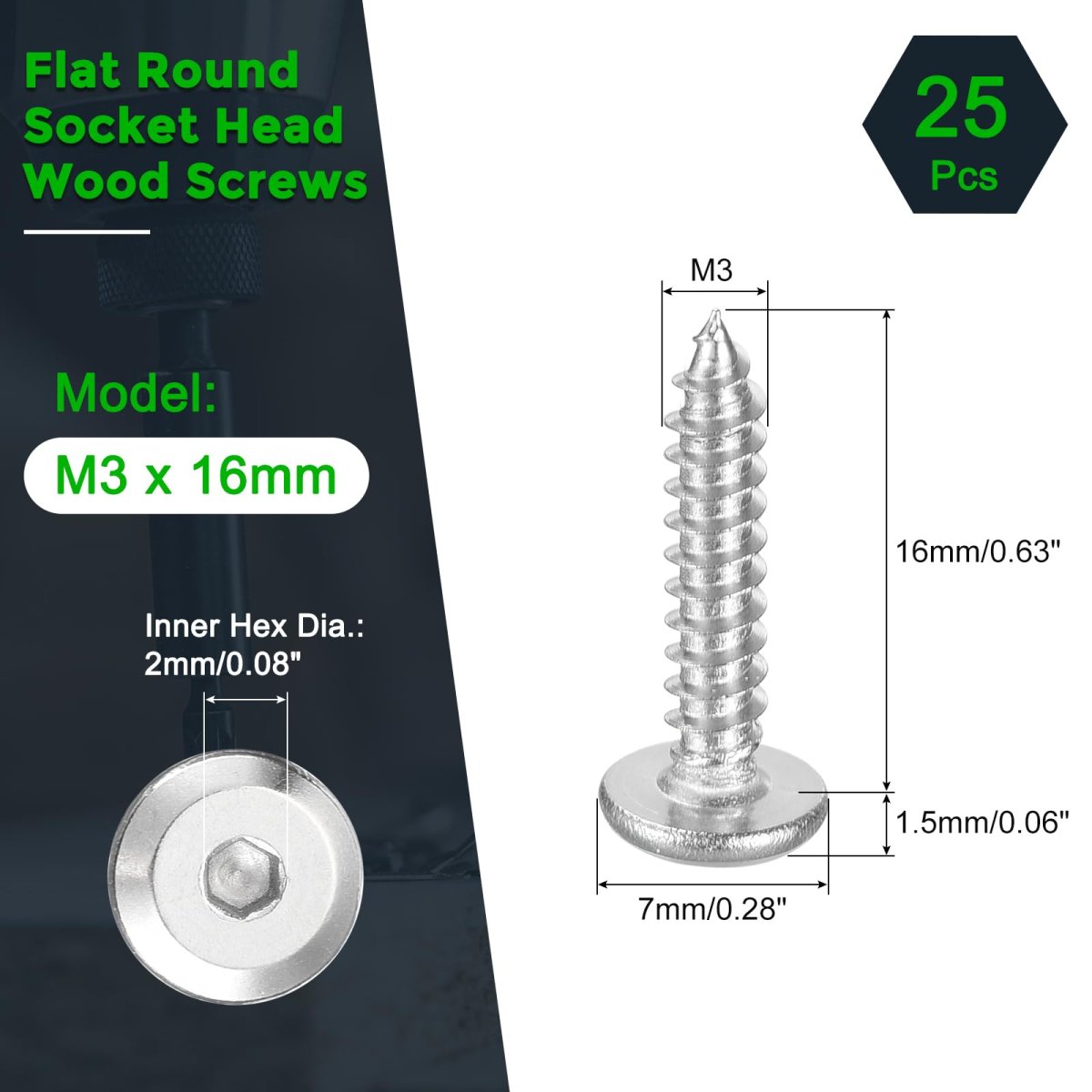 M3 X 16mm 25 Pack Flat Round Socket Head Screws Stainless Steel Self Tapping Full Thread Hex Cap Bolt For Wood Furniture