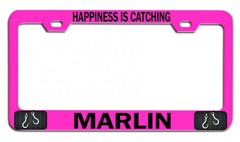 Happiness Is Catching Marlin Fishing Pink Metal License Plate Frame Heavy Duty Stainless Steel Tag Holder For Us And Canada