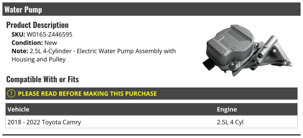 Electric Water Pump Assembly With Housing And Pulley For 2018 To 2022 Toyota Camry 2 5l 4 Cylinder W0165-z446595