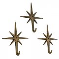 Set Of 3 Gold Finish Cast Iron 8-pointed Atomic Starburst Wall Hooks Mid-century Modern Elegance Easy Install Perfect For 