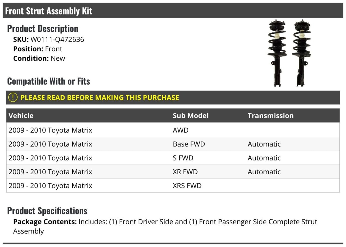 Front Strut And Coil Spring Assembly Kit 2 Piece For 2009-2010 Toyota Matrix