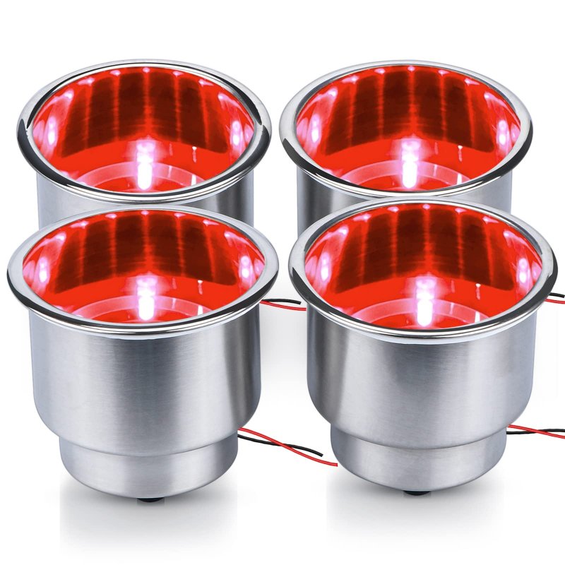 4 Pcs Led Stainless Steel Cup Drink Holder With Drain For Boat Marine Yacht Rv Camper 5 In Red Light