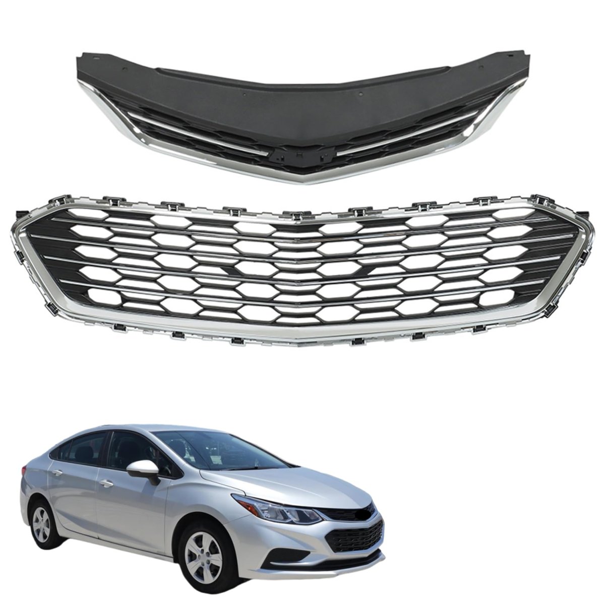 Black With Silvery Molding Frame Front Bumper Grille Upper And Lower Honeycomb 2pcs Replacement For Cruze 2016-2018