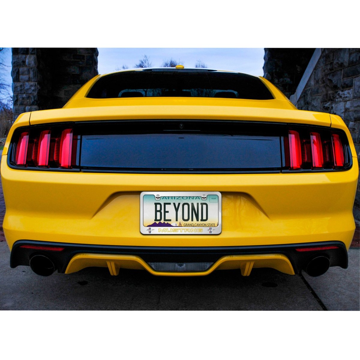 Ford Mustang Outline In Yellow Dual Logos Mirror Chrome Metal License Plate Frame 12 X 6 Universal Fit For Car With Theft