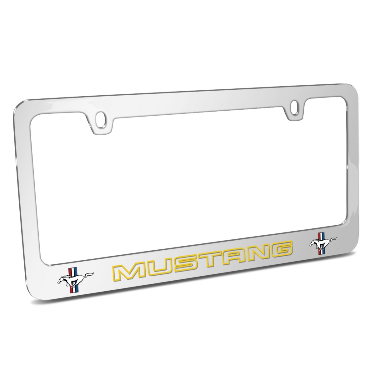 Ford Mustang Outline In Yellow Dual Logos Mirror Chrome Metal License Plate Frame 12 X 6 Universal Fit For Car With Theft