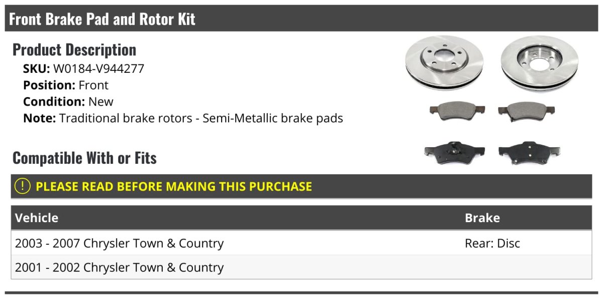 Front Semi Metallic Brake Pads And Rotor Kit For 2001 To 2007 Chryslerwn Country Fits 2003 To Models With Rear Disc Brakes