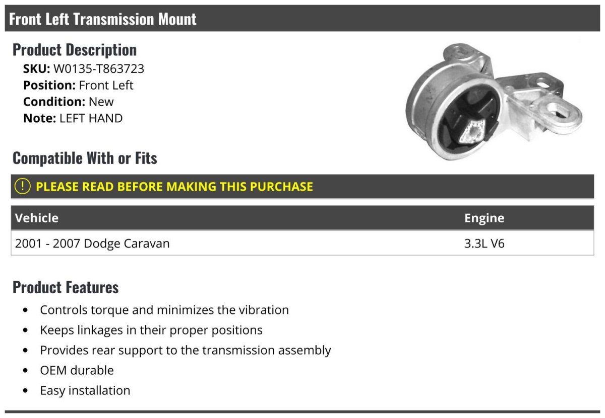 Front Left Transmission Mount For 2001 To 2007 Dodge Caravan 3 3l V6 Powder Coated W0135-t863723
