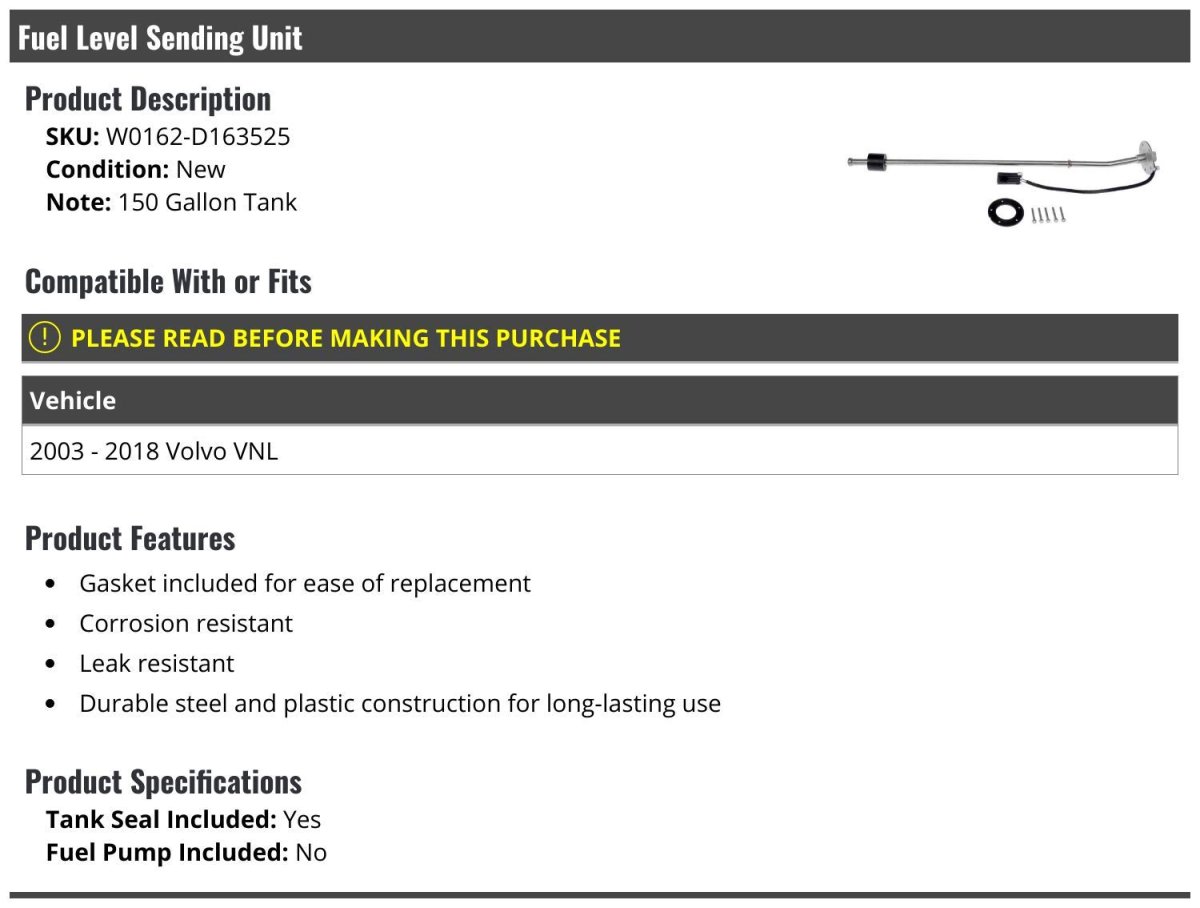 Fuel Level Sending Unit With Tank Seal For 150 Gallon 2003-2018 Volvo Vnl