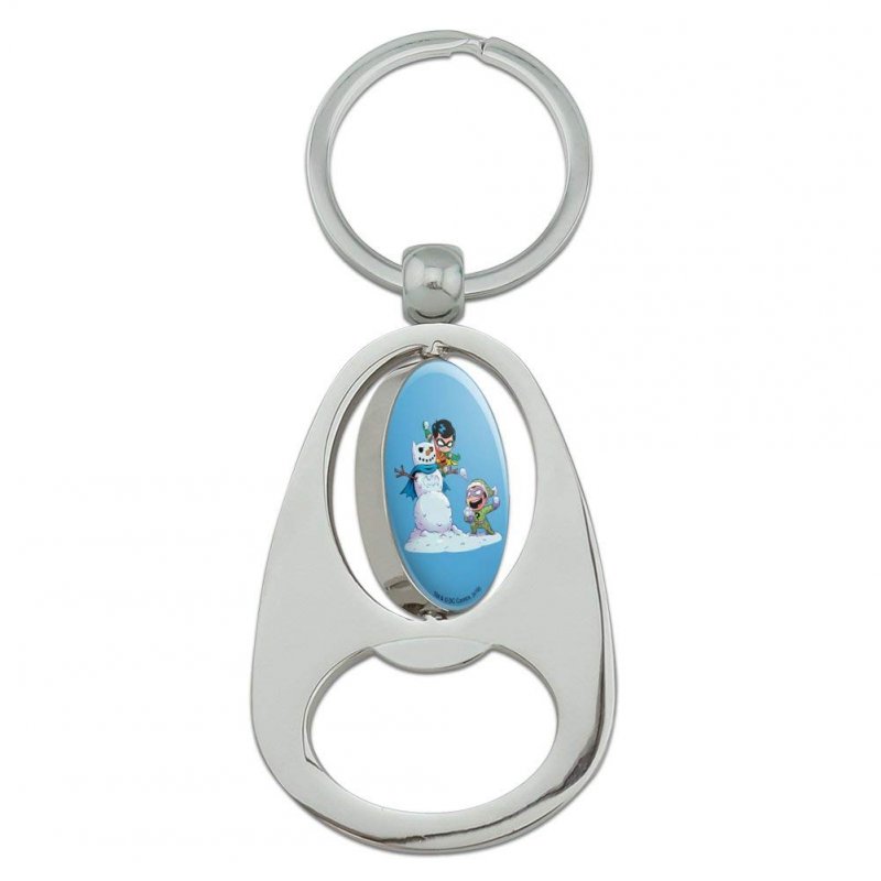 Robin And Riddler Snowball Fight Spinning Oval Bottle Opener Keychain Chrome Metal 3 6 In X 1 5 Officially Licensed Batman