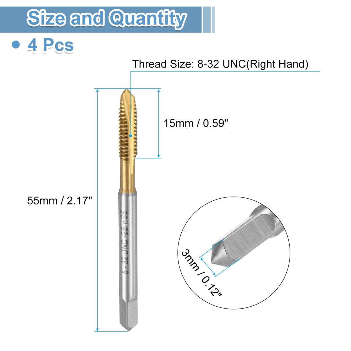 Spiral Point Plug Threading Tap 8-32 Unc Ground Threads H2 High Speed Steel 6542 Titanium Coated Screw Taps Tapping Bit For