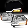 Akkon- Fit 2005 2006 2007 Jeep Grand Cherokee Headlight W Led Tube Drl Lamp Replacement Driver Passenger Chrome Housing Pair 