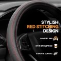 14 1 2 To 15 Inches Microfiber Leather Steering Wheel Cover Red Stitching Car Protector Anti-slip Inner Rubber Lining Universal