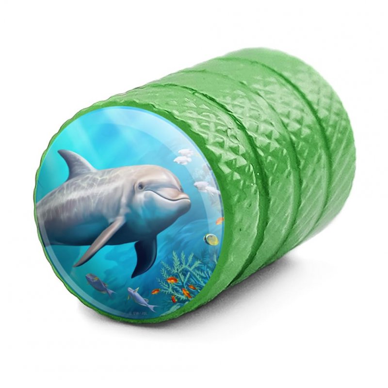 Coral Reef Dolphin Valve Stem Caps For Tire Rim Wheel Green Aluminum Air Covers Schrader Valves Set Of 4