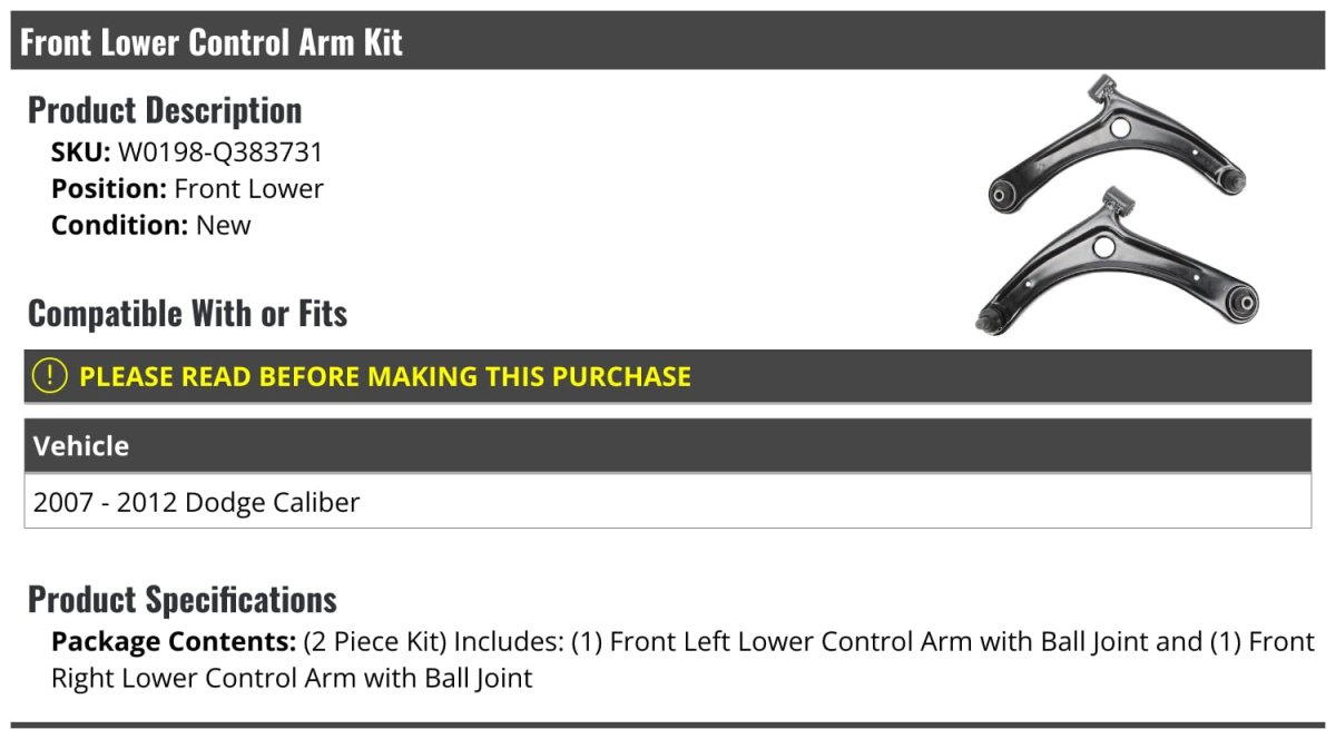 Front Lower Control Arm And Ball Joint Set Of 2 For 2007 To 2012 Dodge Caliber Driver Passenger Side Kit