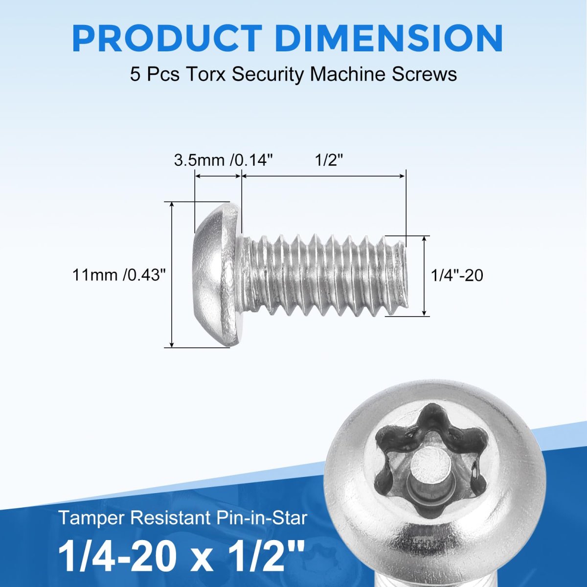 5pcs Torx Security Machine Screws 1 4-20 X 2 304 Stainless Steel Tamper Resistant Button Head Bolt Full Thread For Anti-theft