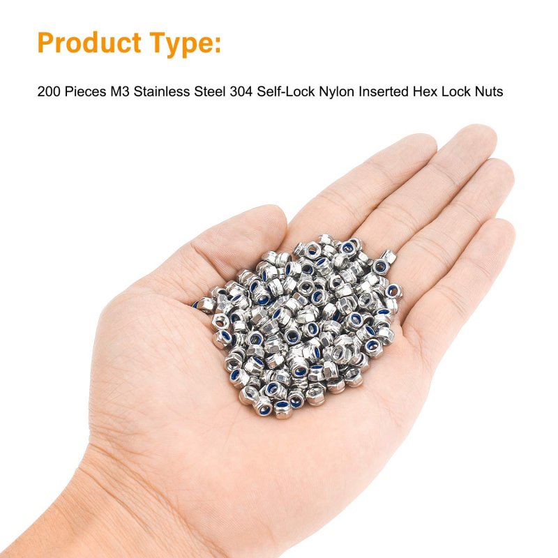 200 Pieces M3 X 0 5mm 304 Stainless Steel Self Lock Nylon Inserted Hex Nuts Silver Tone Coarse Thread Fasteners