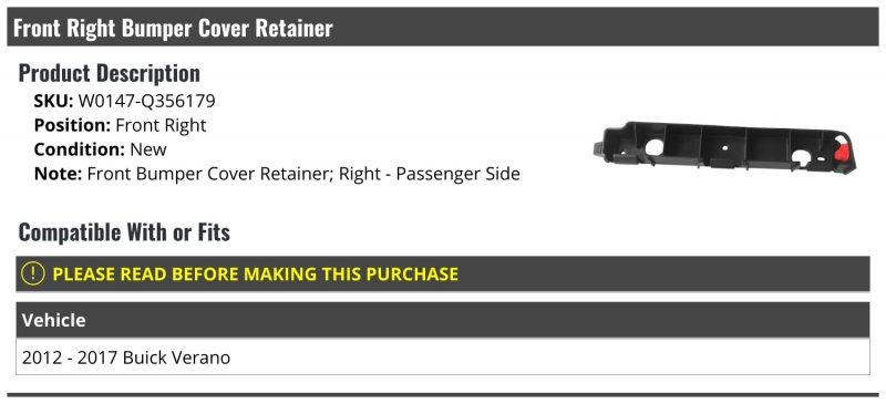 Front Right Passenger Side Bumper Cover Retainer For 2012-2017 Buick Verano