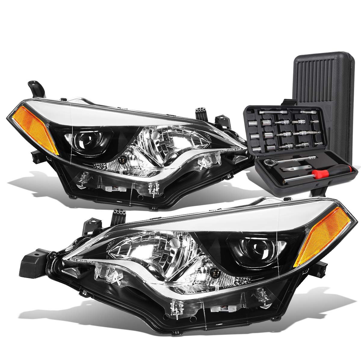 Auto Dynasty Chrome Housing Amber Corner Projector Headlight Lamps Tool Kit For Corolla E170 Sedan 14-16