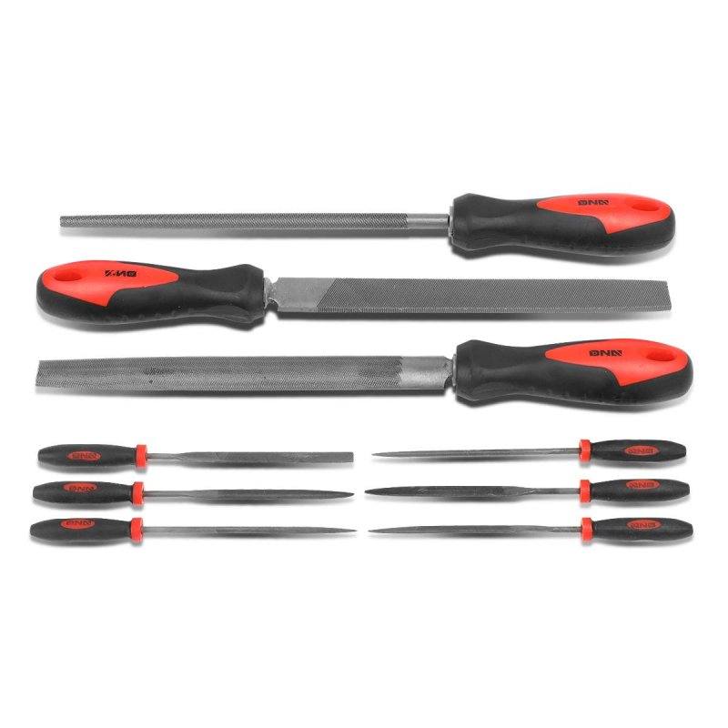 Dna Motoring Tools-00097 9 Piece Needle File Set High Carbon Steel With Rubberized Nonslip Grips 1 Red Black