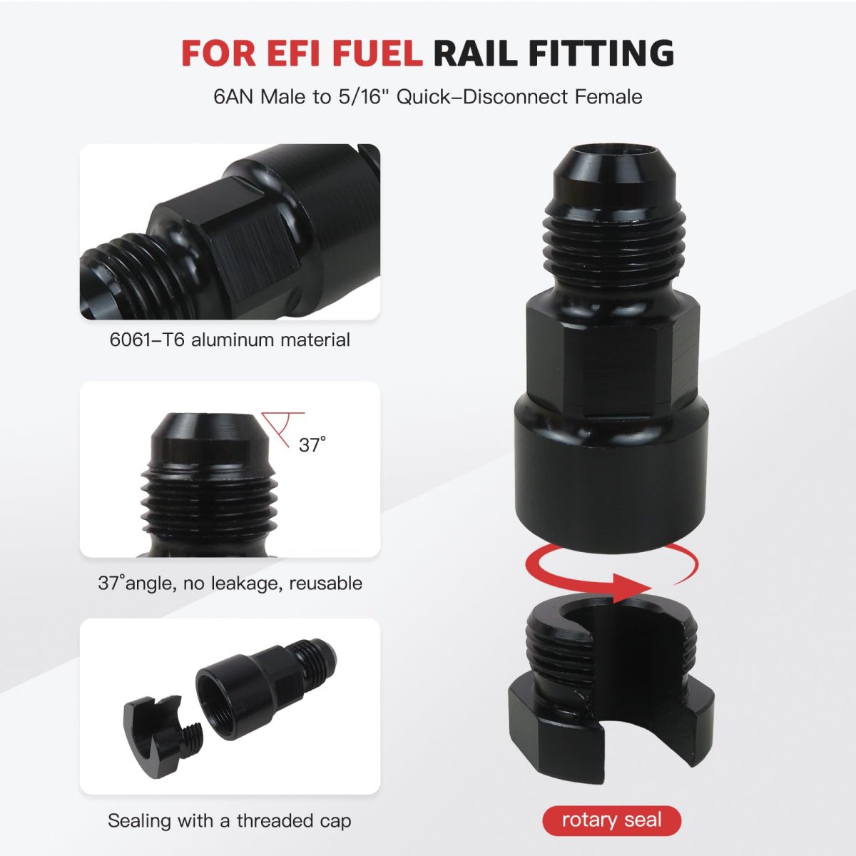 6an Efi Flare Fitting 9 16-18unf 5 16 In Id 37 Degrees Sealed Aluminum 6061 T6 Fuel Rail And Transmission Cooler Adapter Black