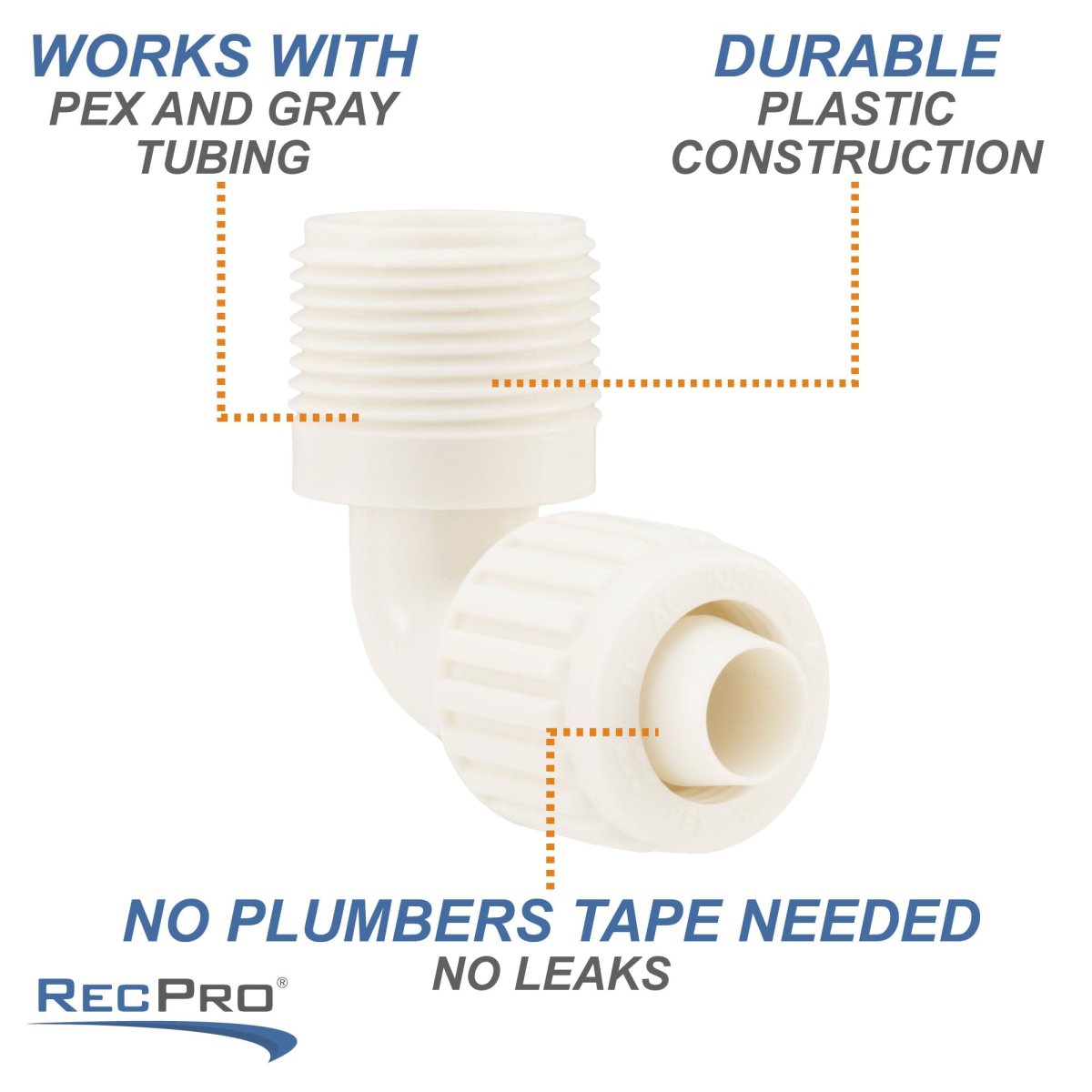 Recpro Rv 90 Degree Plastic Male Elbow 0 5 Pex Tubing Gray 1 2 X 3 4 Mip Pack