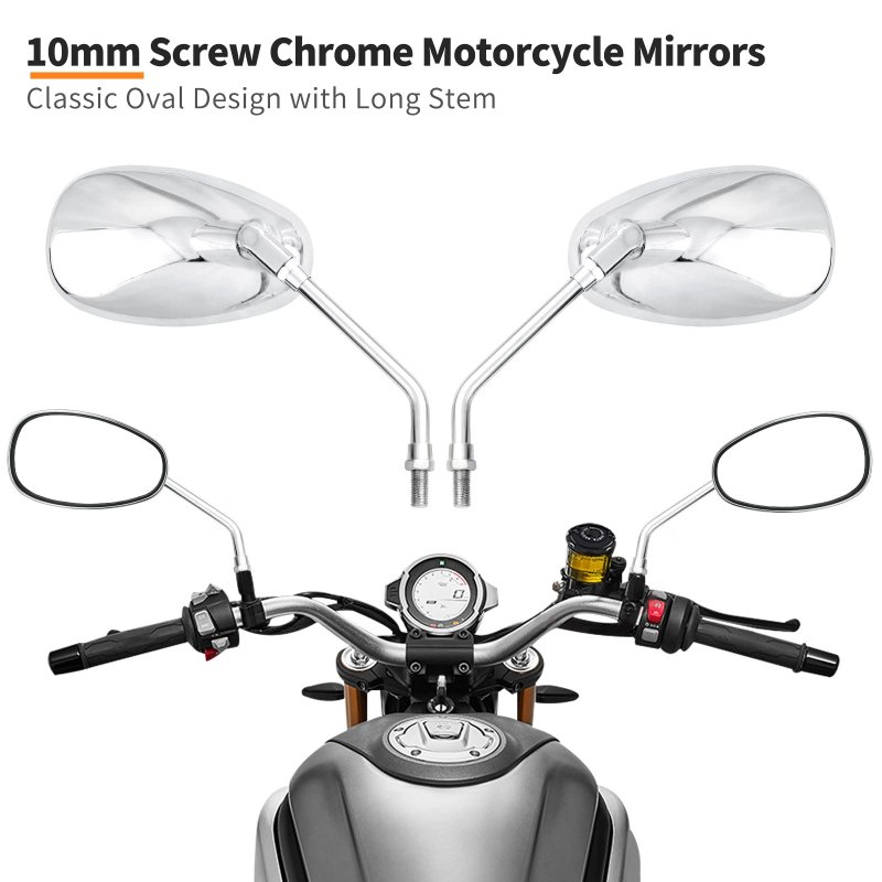 Universal 10mm Chrome Motorcycle Rear View Side Mirrors Oval Handlebar Mount For Street Bike Cruiser Dirt Atv Utv 2 Pack With
