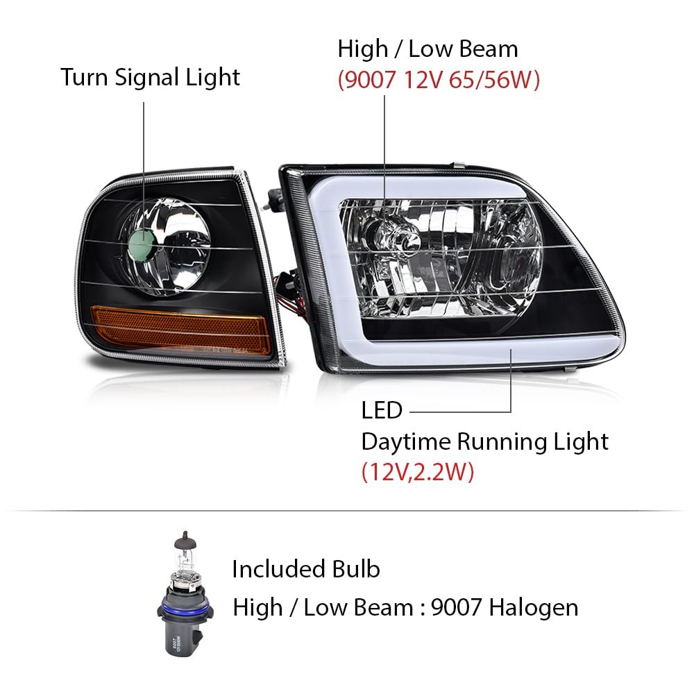 Led Drl Headlights Corner Parking Lights Fit Ford Expedition 1997-2002 Fit F150 1998-2003 F250 1997-1999 Clear Lens Black
