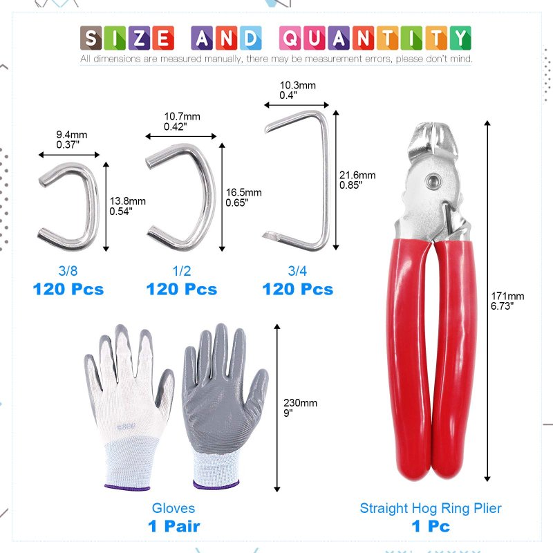 Glarks 362pcs Hog Ring Pliers Withs Kit60pcs 1 2 3 4 3 8 Steel Rings Ring And Anti-cutting Gloves For Upholstery Fencing Diy