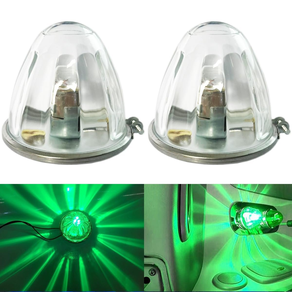 2pcs Green Led Clear Glass Lens Side Marker Turn Signal Watermelon Lights With Stainless Steel Bezel For Kenworth Peterbilt