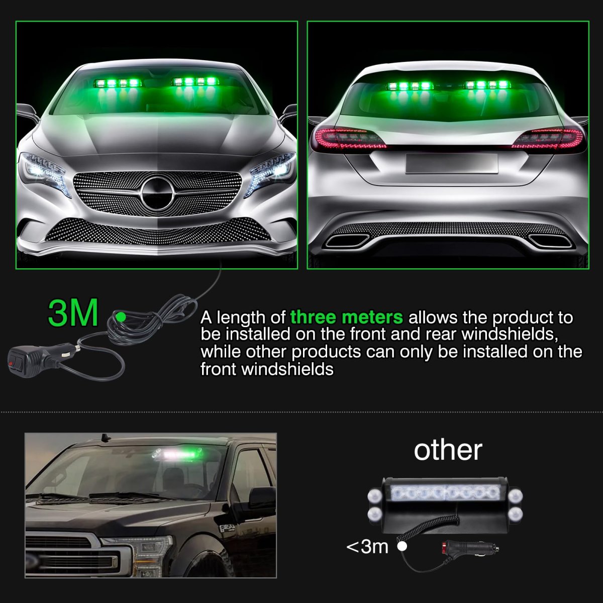 Dash Strobe Lights 2 In 1 Emergency Warning Light Bar 48 Led 26 Flash Modes Dc 12v-24v For Trucks And Vehicles Front Rear